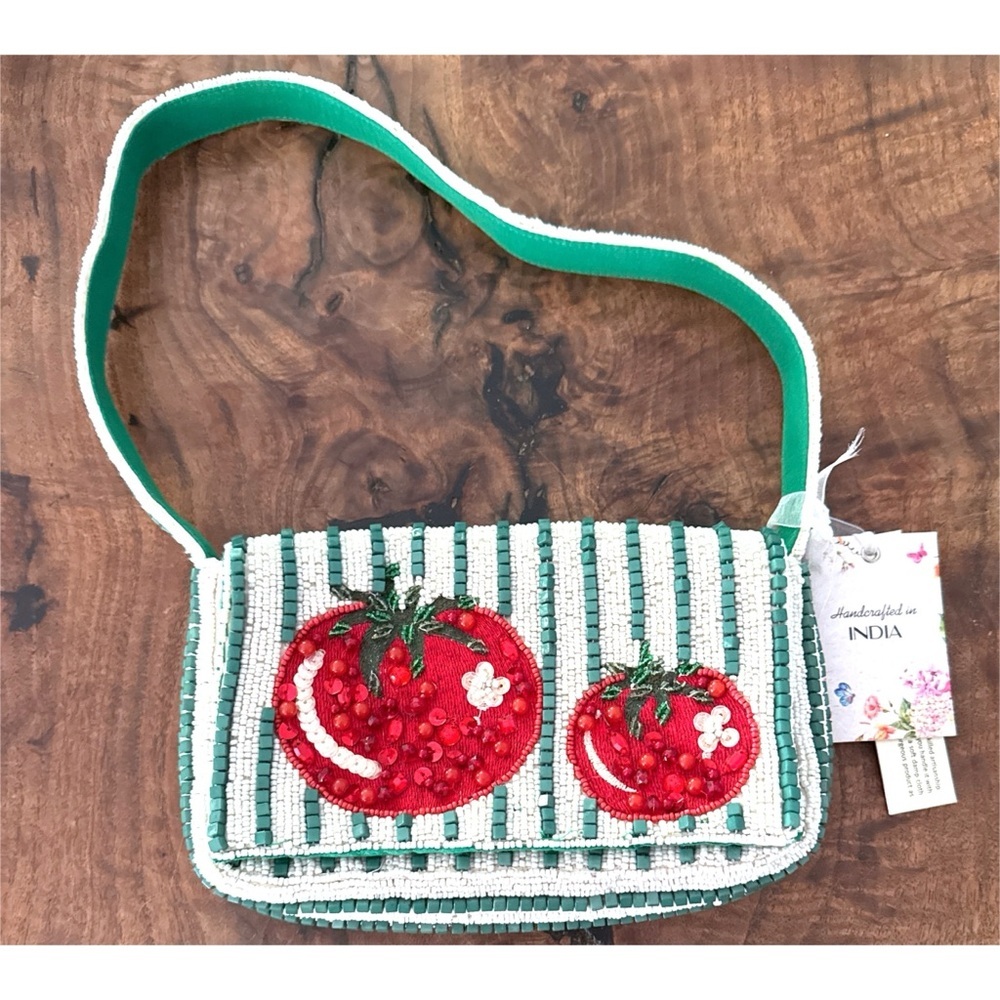 NWT Bead Appliqué Heirloom Tomato Girl Summer Green & White Striped Shoulder Bag - Picture 3 of 13